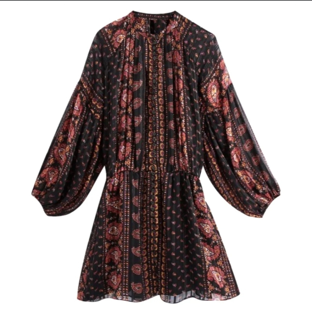 Zara Black Magenta & Metallic Lurex Balloon Sleeve Button Front Dress Medium